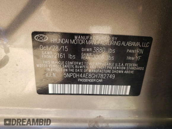 2016 Hyundai Elantra SE with VIN 5NPDH4AE8GH782749, listed as a Copart auction lot 47066475 with 100,352 mi miles and Salvage Title. Bid and sale history available at carsss.com. Image 12.