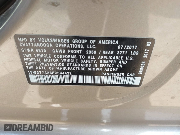 2017 Volkswagen Passat SE with VIN 1VWGT7A36HC084422, listed as a IAAI auction lot 42650872 with 135,203 mi miles and . Bid and sale history available at DreamBid. Image 9.