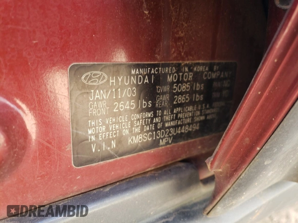 2003 Hyundai Santa Fe GLS with VIN KM8SC13D23U448494, listed as a Copart auction lot 62625224 with 7,094 mi miles and Salvage Title. Bid and sale history available at carsss.com. Image 13.