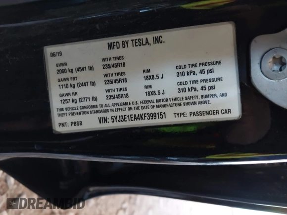 2019 Tesla Model 3 Mid Range with VIN 5YJ3E1EA4KF399151, listed as a IAAI auction lot 41840425 with Not Provided miles and . Bid and sale history available at DreamBid. Image 8.