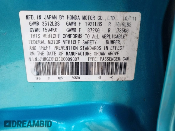 2012 Honda Fit с VIN JHMGE8H33CC009807, выставлен на аукционе IAAI как лот 41814176 с пробегом 88 612 миль миль и . История ставок и продаж доступна на DreamBid. Изображение 9.
