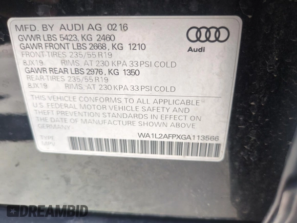 2016 Audi Q5 Premium Plus with VIN WA1L2AFPXGA113566, listed as a Copart auction lot 51962545 with 111,307 mi miles and Salvage Title. Bid and sale history available at carsss.com. Image 16.