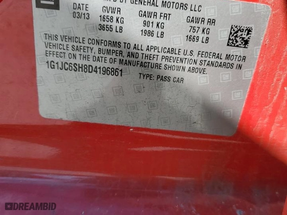 2013 Chevrolet Sonic LT with VIN 1G1JC6SH8D4196861, listed as a Copart auction lot 47163945 with 122,461 mi miles and Salvage Title. Bid and sale history available at carsss.com. Image 14.