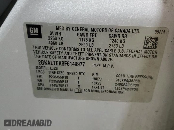 2015 GMC Terrain SLT with VIN 2GKALTEK8F6149977, listed as a Copart auction lot 48430115 with Not provided miles and Salvage title. Bid and sale history available at DreamBid. Image 13.