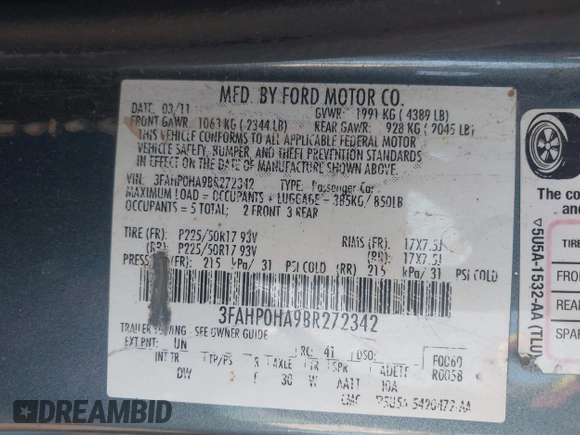 2011 Ford Fusion SE with VIN 3FAHP0HA9BR272342, listed as a IAAI auction lot 41911009 with 157,496 mi miles. Bid and sale history available at carsss.com. Image 9.