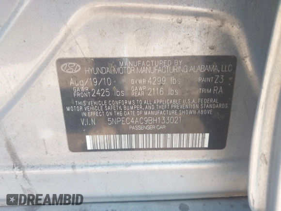 2011 Hyundai Sonata Limited with VIN 5NPEC4AC9BH133021, listed as a IAAI auction lot 42022420 with 142,907 mi miles and . Bid and sale history available at DreamBid. Image 9.