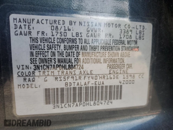 2017 Nissan Versa SV with VIN 3N1CN7AP0HL804724, listed as a Copart auction lot 59783435 with 152,670 mi miles and Salvage title. Bid and sale history available at DreamBid. Image 13.