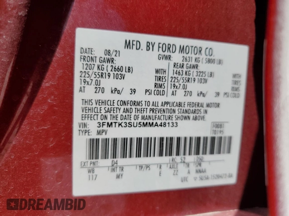 2021 Ford Mustang Mach-E Premium with VIN 3FMTK3SU5MMA48133, listed as a Copart auction lot 53602825 with 50,028 mi miles and Salvage Title. Bid and sale history available at DreamBid. Image 13.