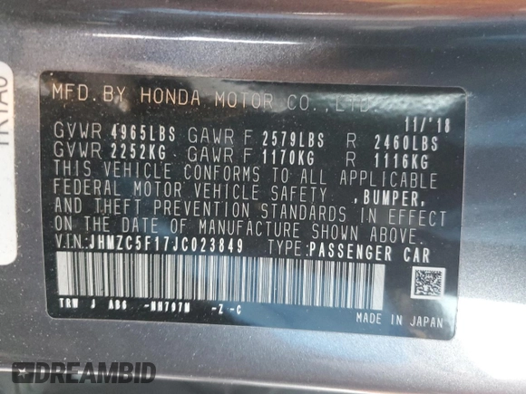 2018 Honda Clarity Plug-In Hybrid with VIN JHMZC5F17JC023849, listed as a Copart auction lot 76805024 with 44,240 mi miles and Salvage Title. Bid and sale history available at carsss.com. Image 13.