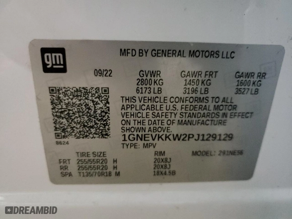 2023 Chevrolet Traverse Premier with VIN 1GNEVKKW2PJ129129, listed as a Copart auction lot 44035845 with 20,740 mi miles and Salvage Title. Bid and sale history available at carsss.com. Image 13.