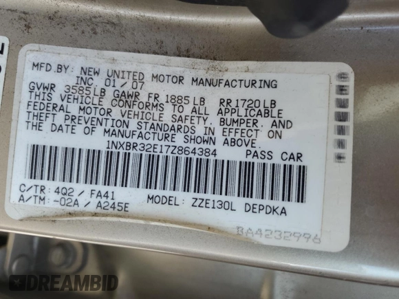 2007 Toyota Corolla CE with VIN 1NXBR32E17Z864384, listed as a Copart auction lot 52519385 with 204,778 mi miles and Salvage Title. Bid and sale history available at carsss.com. Image 12.