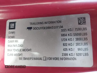 2019 Chevrolet Silverado 1500 LTZ with VIN 3GCUYGED6KG107194, listed as a IAAI auction lot 41316888 with 88,485 mi miles and . Bid and sale history available at DreamBid. Image 9.