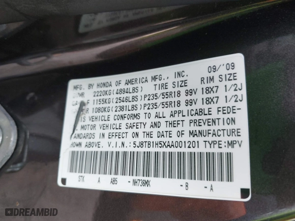 2010 Acura RDX Tech Pkg with VIN 5J8TB1H5XAA001201, listed as a IAAI auction lot 41648209 with 162,810 mi miles. Bid and sale history available at carsss.com. Image 9.