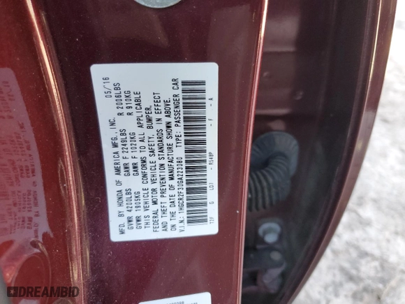 2016 Honda Accord Sedan LX with VIN 1HGCR2F30GA223080, listed as a Copart auction lot 52687775 with 130,420 mi miles and Salvage Title. Bid and sale history available at carsss.com. Image 12.