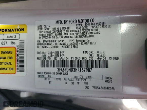 2017 Ford Fusion SE с VIN 3FA6P0HD3HR157987, выставлен на аукционе Copart как лот 60915105 с пробегом 149 347 миль миль и Списание • Salvage title. История ставок и продаж доступна на DreamBid. Изображение 13.