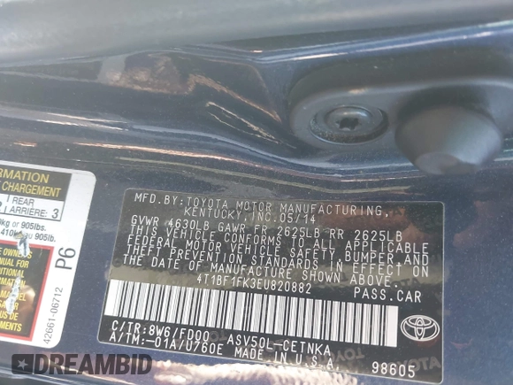 2014 Toyota Camry L with VIN 4T1BF1FK3EU820882, listed as a IAAI auction lot 42012278 with 174,000 mi miles and . Bid and sale history available at DreamBid. Image 9.