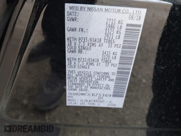 2018 Nissan Pathfinder SL with VIN 5N1DR2MM7JC675369, listed as a IAAI auction lot 42190663 with 60,006 mi miles and . Bid and sale history available at DreamBid. Image 9.