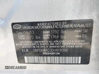 2013 Hyundai Elantra Limited with VIN 5NPDH4AE0DH419390, listed as a IAAI auction lot 42217737 with 50,991 mi miles and . Bid and sale history available at DreamBid. Image 9.