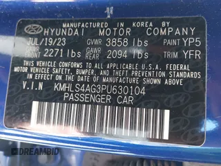 2023 Hyundai Elantra SEL with VIN KMHLS4AG3PU630104, listed as a IAAI auction lot 42042331 with 32,296 mi miles and . Bid and sale history available at DreamBid. Image 9.