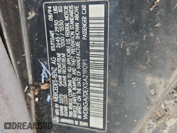 1995 Mercedes-Benz S z VIN WDBGA70EXSA219091, wystawiony jako Copart lot #59933305 z przebiegiem Nie podano mil oraz Czysty tytuł • Clean title. Historia ofert i sprzedaży dostępna na DreamBid. Obrazek 12.