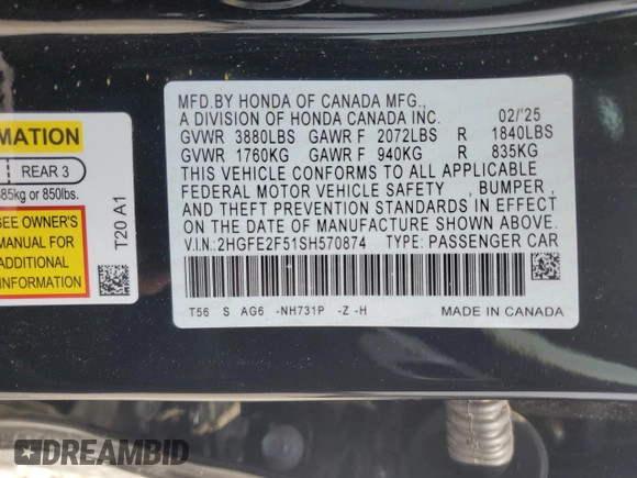 2025 Honda Civic Sport with VIN 2HGFE2F51SH570874, listed as a Copart auction lot 51715905 with 3,086 mi miles and Salvage title. Bid and sale history available at DreamBid. Image 12.