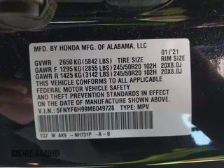 2021 Honda Pilot Touring 8-Passenger z VIN 5FNYF6H99MB049728, wystawiony jako IAAI lot #42194602 z przebiegiem 41 374 mil mil oraz . Historia ofert i sprzedaży dostępna na DreamBid. Obrazek 9.