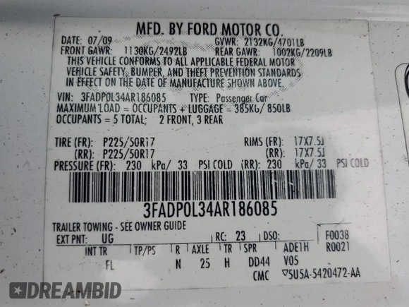 2010 Ford Fusion Hybrid z VIN 3FADP0L34AR186085, wystawiony jako Copart lot #55291735 z przebiegiem 282 029 mil mil oraz Szkody całkowita. Historia ofert i sprzedaży dostępna na DreamBid. Obrazek 12.