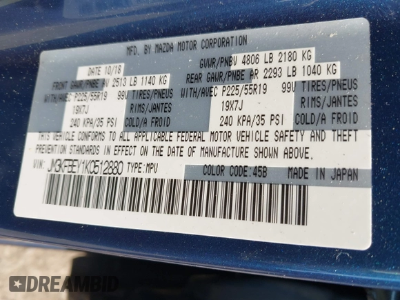 2019 Mazda CX-5 Signature with VIN JM3KFBEY1K0512880, listed as a IAAI auction lot 42036904 with 92,650 mi miles. Bid and sale history available at carsss.com. Image 9.