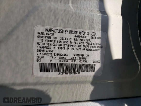 2008 Infiniti G35 with VIN JNKBV61E28M226454, listed as a Copart auction lot 78721694 with Not Provided miles and Salvage Title. Bid and sale history available at DreamBid. Image 12.