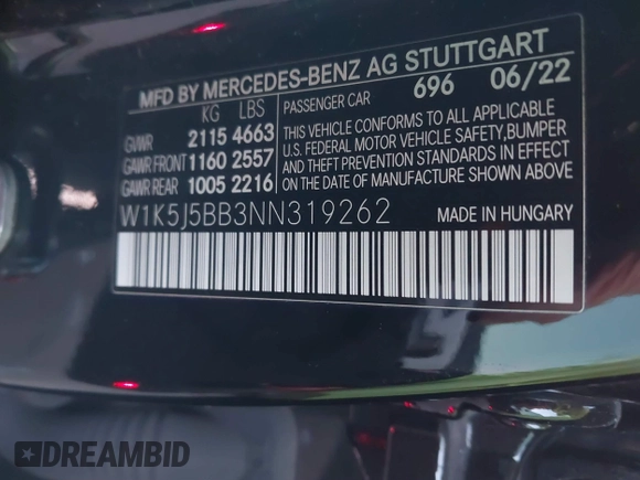 2022 Mercedes-Benz CLA 35 AMG with VIN W1K5J5BB3NN319262, listed as a IAAI auction lot 40986854 with 53,360 mi miles and . Bid and sale history available at DreamBid. Image 9.