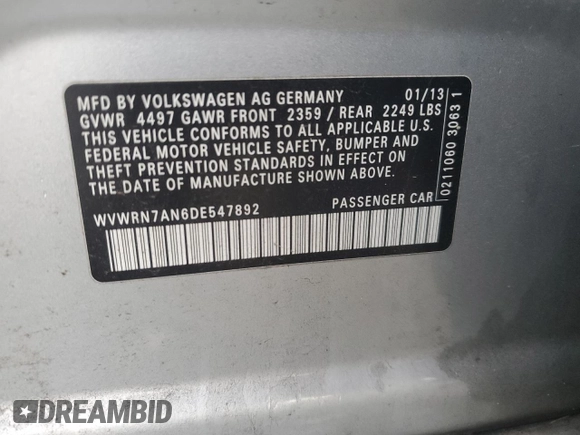2013 Volkswagen CC Lux с VIN WVWRN7AN6DE547892, выставлен на аукционе Copart как лот 82385034 с пробегом 154 816 миль миль и Списание • Salvage title. История ставок и продаж доступна на DreamBid. Изображение 12.