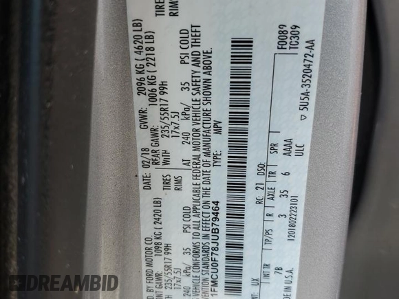 2018 Ford Escape S with VIN 1FMCU0F78JUB79464, listed as a Copart auction lot 58812925 with 104,642 mi miles and Salvage title. Bid and sale history available at DreamBid. Image 13.