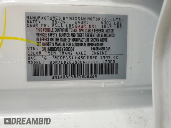 2025 Nissan Sentra SV z VIN 3N1AB8CV8SY208384, wystawiony jako Copart lot #59126745 z przebiegiem 3 864 mil mil oraz Szkoda całkowita • Salvage title. Historia ofert i sprzedaży dostępna na DreamBid. Obrazek 12.
