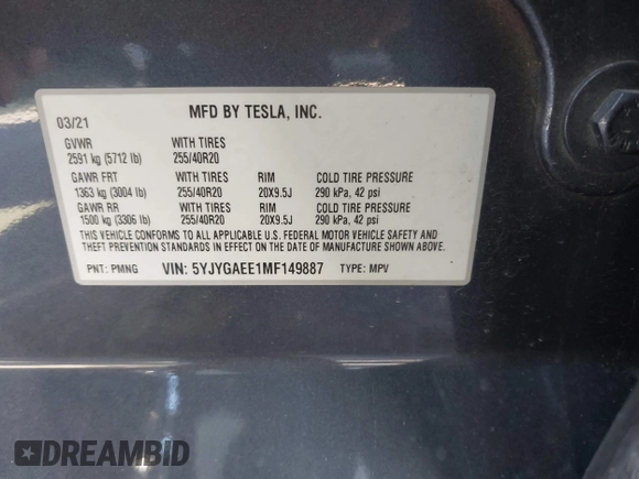 2021 Tesla Model Y Long Range with VIN 5YJYGAEE1MF149887, listed as a IAAI auction lot 42032104 with 54,932 mi miles. Bid and sale history available at carsss.com. Image 9.