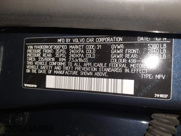 2015 Volvo XC60 T6 с VIN YV4902RKXF2687103, выставлен на аукционе IAAI как лот 41467485 с пробегом 97 004 миль миль и . История ставок и продаж доступна на DreamBid. Изображение 9.