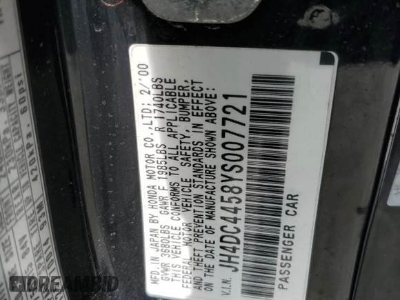 2000 Acura Integra LS z VIN JH4DC4458YS007721, wystawiony jako Copart lot #81458674 z przebiegiem 185 789 mil mil oraz Czysty tytuł • Clean title. Historia ofert i sprzedaży dostępna na DreamBid. Obrazek 12.