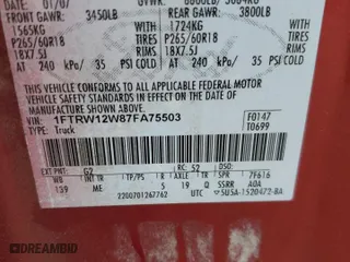 2007 Ford F-150 XLT with VIN 1FTRW12W87FA75503, listed as a Copart auction lot 43819045 with 127,577 mi miles and Salvage Title. Bid and sale history available at carsss.com. Image 12.