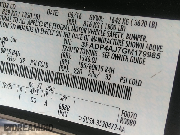 2016 Ford Fiesta S with VIN 3FADP4AJ7GM179985, listed as a IAAI auction lot 42366559 with 107,366 mi miles and . Bid and sale history available at DreamBid. Image 9.