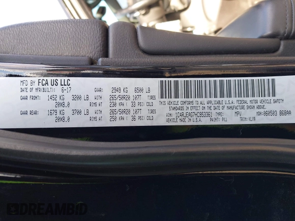 2017 Jeep Grand Cherokee Laredo with VIN 1C4RJEAG7HC953361, listed as a IAAI auction lot 41554390 with 98,099 mi miles and . Bid and sale history available at DreamBid. Image 9.