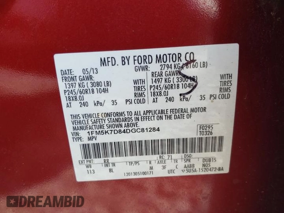 2013 Ford Explorer XLT с VIN 1FM5K7D84DGC81284, выставлен на аукционе Copart как лот 54448455 с пробегом 179 031 миль миль и Списание • Salvage title. История ставок и продаж доступна на DreamBid. Изображение 13.
