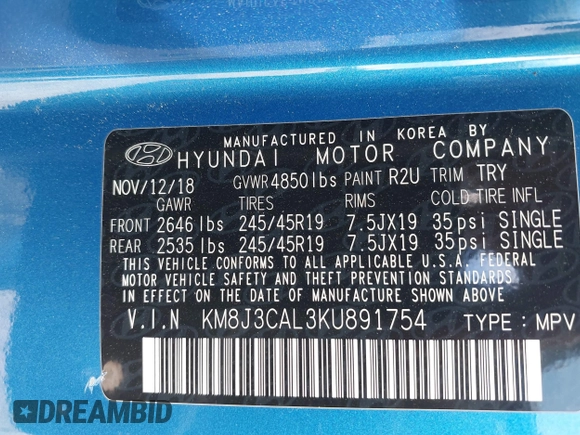 2019 Hyundai Tucson Ultimate with VIN KM8J3CAL3KU891754, listed as a IAAI auction lot 39809087 with 95,967 mi miles. Bid and sale history available at carsss.com. Image 9.