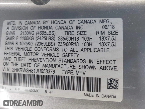 2018 Honda CR-V EX-L with VIN 2HKRW2H81JH658376, listed as a IAAI auction lot 41623188 with 89,603 mi miles. Bid and sale history available at carsss.com. Image 9.