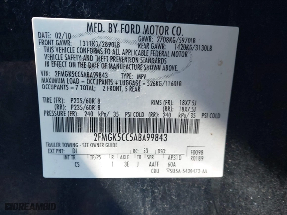 2010 Ford Flex SEL with VIN 2FMGK5CC5ABA99843, listed as a IAAI auction lot 41585750 with 138,916 mi miles. Bid and sale history available at carsss.com. Image 9.