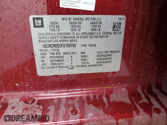 2015 Chevrolet Silverado 1500 LT with VIN 1GCRCREC5FZ150793, listed as a Copart auction lot 49460575 with 109,080 mi miles and Salvage Title. Bid and sale history available at DreamBid. Image 12.