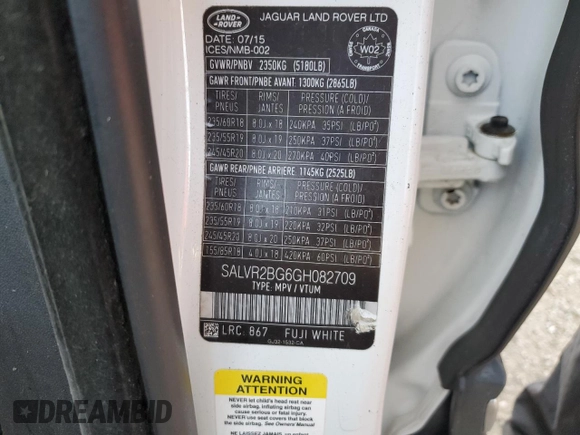 2016 Land Rover Range Rover Evoque HSE with VIN SALVR2BG6GH082709, listed as a Copart auction lot 69610914 with Not provided miles and Salvage title. Bid and sale history available at DreamBid. Image 13.