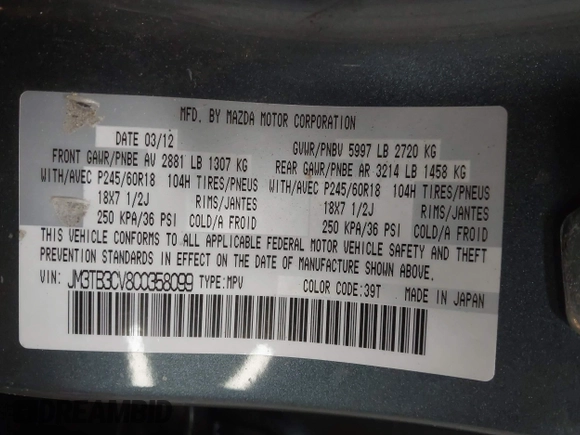 2012 Mazda CX-9 Touring z VIN JM3TB3CV8C0358099, wystawiony jako IAAI lot #41478110 z przebiegiem 151 716 mil mil oraz . Historia ofert i sprzedaży dostępna na DreamBid. Obrazek 9.