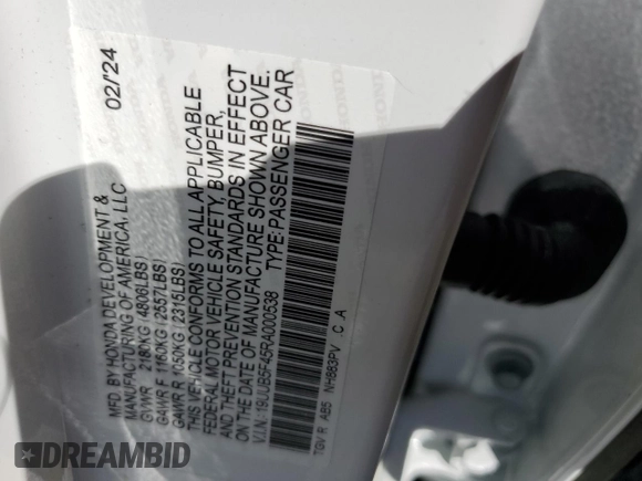 2024 Acura TLX Technology with VIN 19UUB5F45RA000538, listed as a Copart auction lot 73883594 with Not Provided miles and Non Repairable. Bid and sale history available at DreamBid. Image 13.