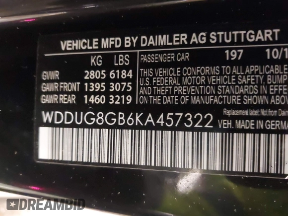2019 Mercedes-Benz S 560 with VIN WDDUG8GB6KA457322, listed as a IAAI auction lot 41579027 with 34,312 mi miles and . Bid and sale history available at DreamBid. Image 9.