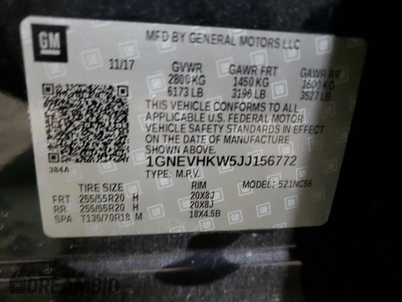 2018 Chevrolet Traverse LT Leather with VIN 1GNEVHKW5JJ156772, listed as a Copart auction lot 46163275 with 0 mi miles and Salvage Title. Bid and sale history available at carsss.com. Image 13.