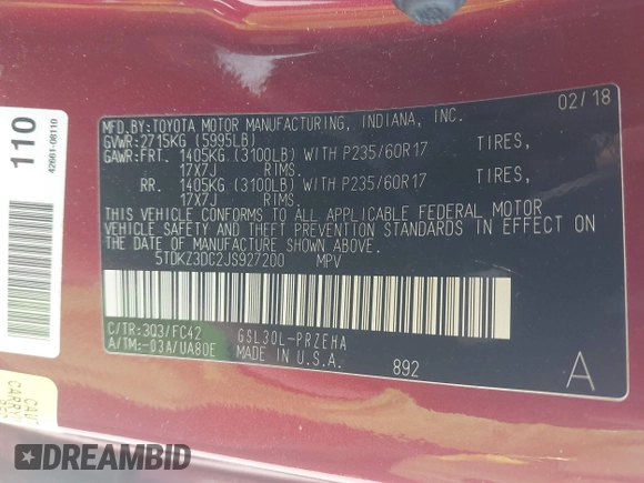 2018 Toyota Sienna LE Auto Access Seat with VIN 5TDKZ3DC2JS927200, listed as a IAAI auction lot 42062365 with 93,358 mi miles and . Bid and sale history available at DreamBid. Image 9.
